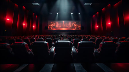 Cinema auditorium with rows of seats. Red lighting.の素材