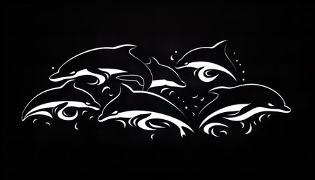 Dolphins on a black background. Vector illustration. Hand drawing.の素材