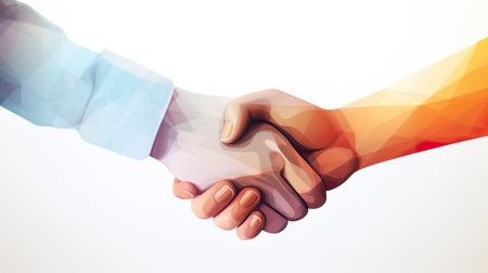 Close up of business people shaking hands against white background with vignetteの素材