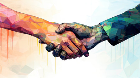 Handshake of business people. Multicolored polygonal illustration.の素材