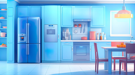 Kitchen interior with blue refrigerator and cupboard. 3d renderingの素材
