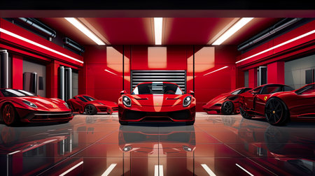 3D rendering of a red car in a garage with red wallsの素材