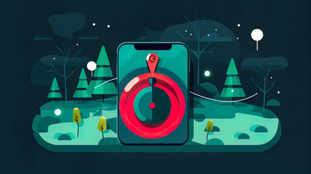 Vector illustration of a smartphone with a map on the screen in the forestの素材