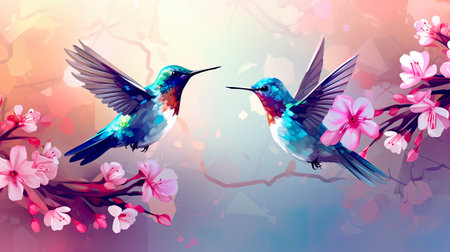 Cherry blossom background with two hummingbirds. Vector illustration.の素材