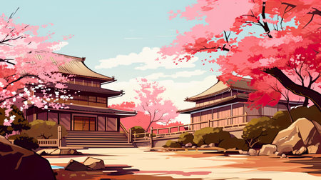 Japanese temple with cherry blossom in spring season. Vector illustration.の素材
