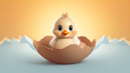 cute duckling in an eggshell, 3d render illustrationの素材