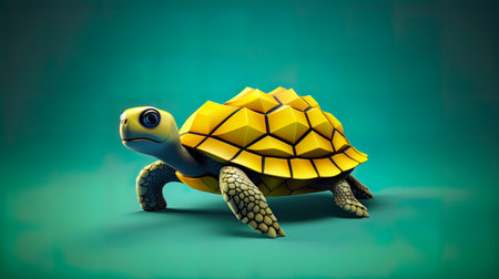 3d rendering of a yellow turtle on a green background with copy spaceの素材