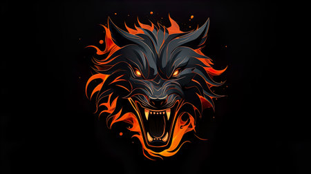 Angry wolf with fire flames on black background. Vector illustration.の素材