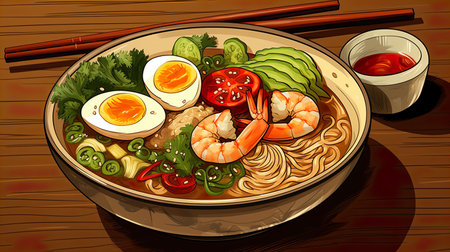 Illustration of a bowl of chinese noodle soup with shrimps and eggの素材