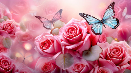 Bouquet of pink roses with butterfly. Valentines day backgroundの素材