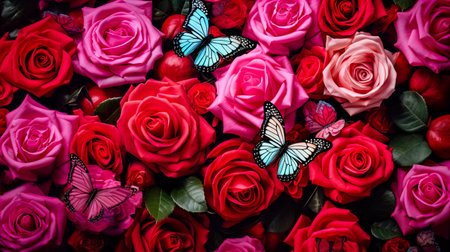 Pink roses and butterflies as a background. Valentine's Day background.の素材