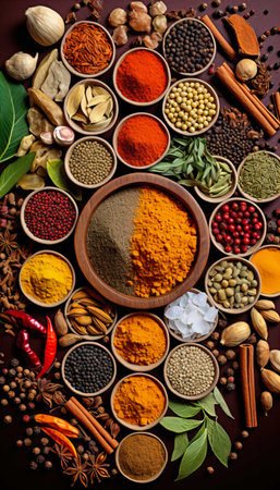 Spices and herbs in wooden bowls. Food and cuisine ingredients.の素材