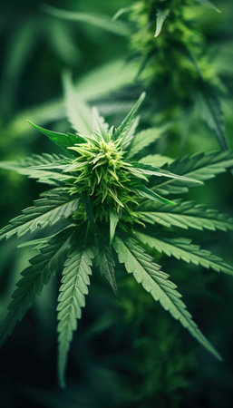 Marijuana (Cannabis sativa) plant with green leaves.の素材