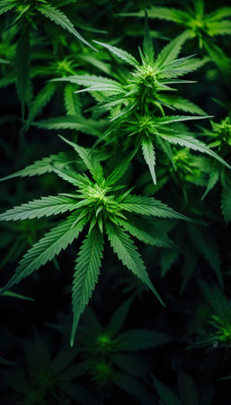 Cannabis plant in nature. Green leaf of marijuana. Young cannabis plant.の素材