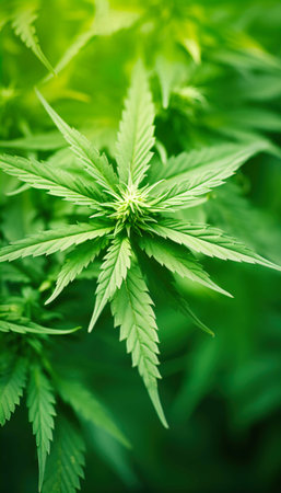Cannabis plant. Green background of leaves of marijuana. Legal Marijuana cultivation in the home.の素材