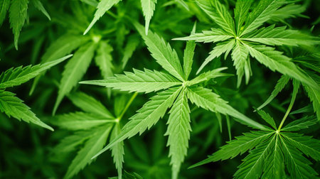 Cannabis leaf background. Green leaves of marijuana close-up.の素材