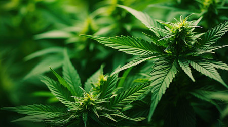 Cannabis Plantation. Thematic photos of hemp and marijuana Green leaf of cannabis. background image. Bright green leaves of marijuana.の素材