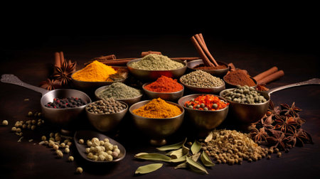 Spices and herbs in metal spoons. Food and cuisine ingredients.の素材