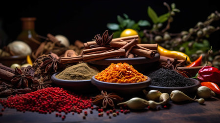 Spices and herbs on the table for cooking. Food and cuisine ingredients.の素材