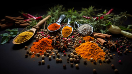 Spices and herbs on a black background. Food and cuisine ingredients.の素材