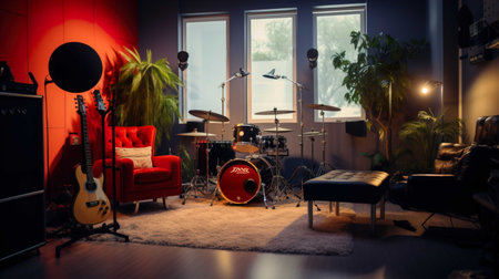 Interior of a music studio with a drum kit and a guitarの素材