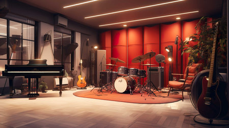 3d rendering of a music studio with drum set and grand pianoの素材