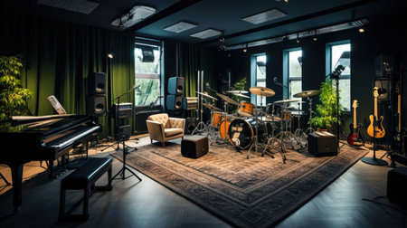 Interior of a music studio with instruments, lighting equipment and musical instrumentsの素材