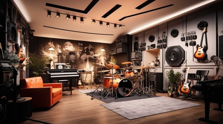 Musical instruments in the interior of a music studio. 3d renderingの素材