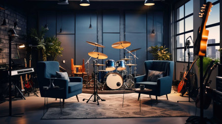 Musical instruments on the background of the interior of the recording studio.の素材