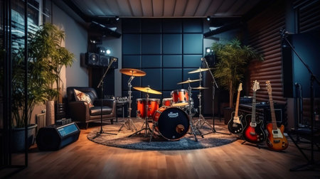 Drum kit in recording studio. Musical instruments. 3d rendering.の素材