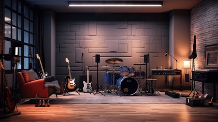 3D rendering of a music studio with guitar, drum set and armchairの素材