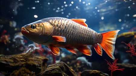 Carp swimming in the aquarium. Close-up of freshwater fish.の素材