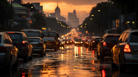 Traffic jam on the road in Bangkok, Thailand during the rain.の素材