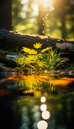 autumn leaves on the water in the forest with a reflection of sunlightの素材