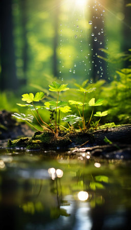 water drops on green grass in forest with sunbeams and bokehの素材