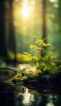 Small green plant growing on moss in forest. Nature background. Shallow depth of fieldの素材