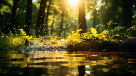 Water drops on the surface of a stream in the forest at sunsetの素材