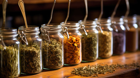 Spices and herbs in glass jars on the counter of a restaurantの素材