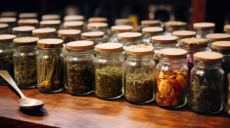 Herbs and spices in glass jars on the counter of the storeの素材