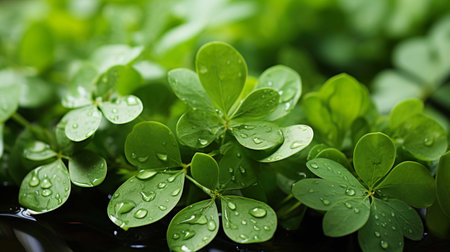Green clover leaves with water drops close-up. Nature backgroundの素材