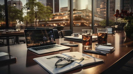 Laptop and coffee on a table in a modern office with city viewの素材