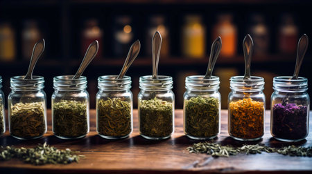 Herbs and spices in glass jars on a wooden countertop.の素材