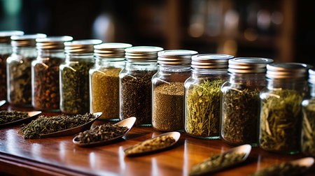 Spices and herbs in glass jars on a wooden table. Selective focus.の素材