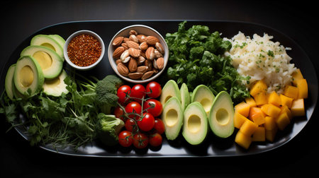 Healthy food. Vegetables, fruits and nuts on a black plate.の素材