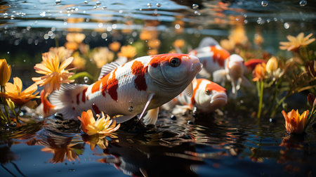 Koi fish in a pond with water drops on the surface.の素材