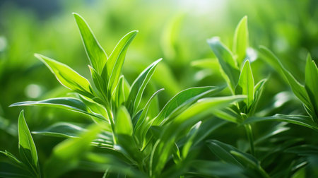 Close up of green leaves with sunlight in morning. Nature background.の素材