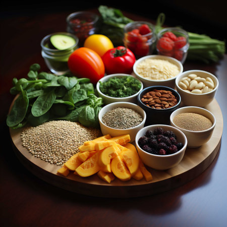 Healthy food selection on wooden background. Balanced diet concept. Selective focus.の素材