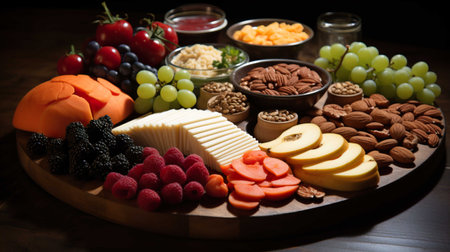 Cheese platter with assorted cheeses, nuts and fruits.の素材