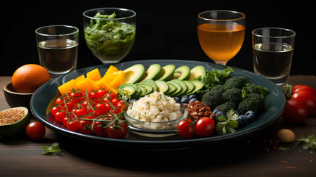 Healthy food on a wooden table. Vegetables, fruits, nuts and spices. Black background.の素材