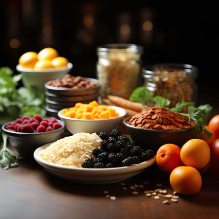 Healthy food clean eating selection: oatmeal, rice, fruits, vegetables, nuts, berriesの素材